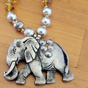 Vintage Elephant Pendant Necklace Amber Lucite Beads Silver Tone Statement